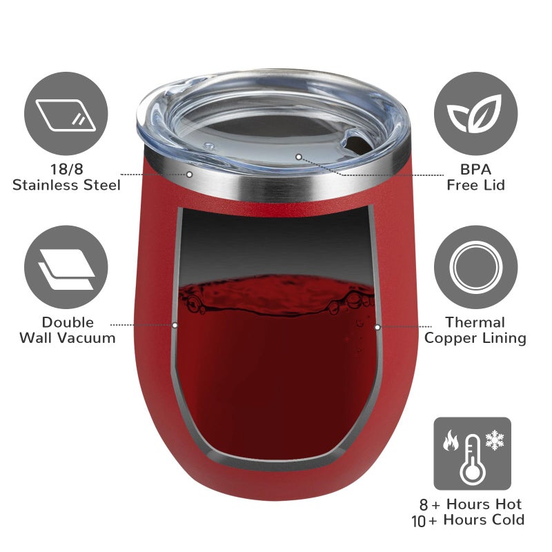 MEWAY Stemless 12oz Wine Tumbler Glasses with Lid -Insulated Double Wall Vacuum Stainless Steel Travel Tumbler with Straw,for Woman Under 10 dollars (Red,1) - Image 3